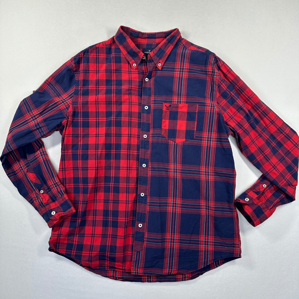 American Eagle Shirt XL Red Navy Plaid Classic Fit Button Down Flannel Style